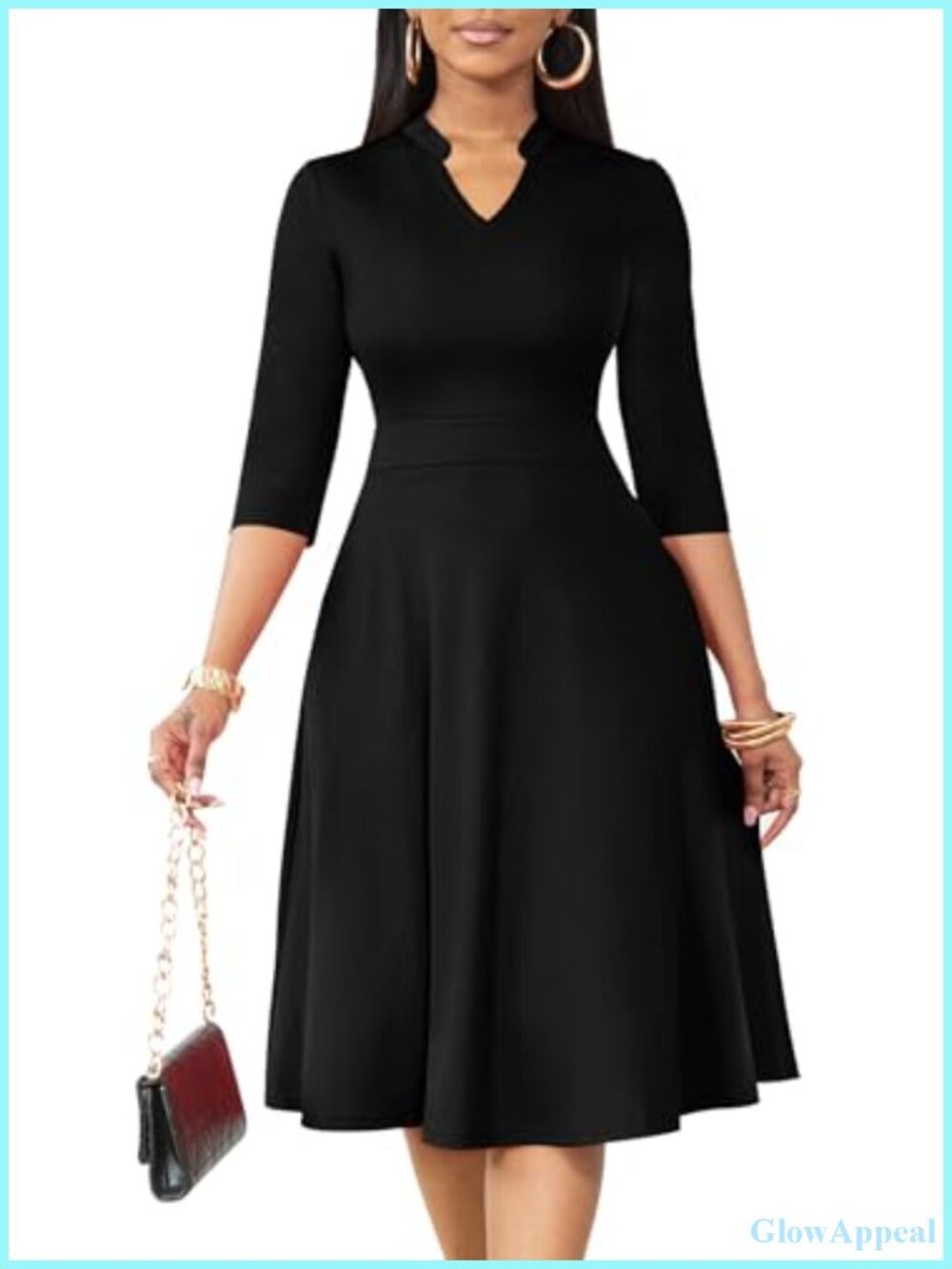 Women's Fit and Flare Midi Dress Stand Collar 3/4 Sleeve Polyester Elastane